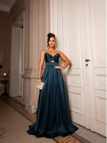 Long Strapless Party Dress With Slit Bow Bridesmaid Civil Wedding Prom Elegant Event - Emerald Green - View 1