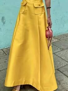 Elegante abito a-line di colore giallo senape per donna - maniche corte alla moda, perfetto per la primavera e l'autunno