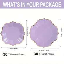 60 Stück lila mit goldener Folie Einwegpappteller für Party/Hochzeit/Geburtstag, 30 Mittagsteller und 30 Dessert-/Salateller