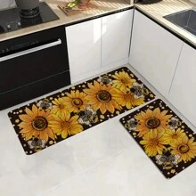 1pc Black Kitchen Rug - Spring Sunflower Pattern, Polyester Non-Slip Soft Lightweight Carpet, Suitable For Entryway, Laundry Room, Bedroom, Rectangular Machine Washable Mat, Ideal Home Decor For All Seasons - Multicolor - View 2
