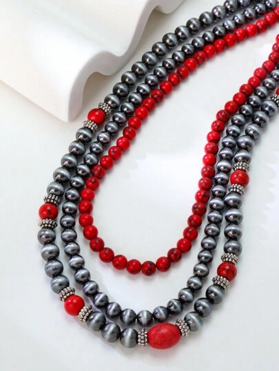 1件西部乡村风格纹理锡制仿珍珠多层夸张串珠项链，女士毛衣链