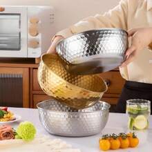 1pc/4pcs, 304 Stainless Steel Hammered Salad Bowl, Salad Bowl, Mixing Bowl, Large Soup Bowl, Golden Bowl, Kitchen Preparation Bowl, - Multicolor - View 3