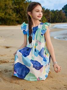 ASK JUNIOR Vestido de playa sin mangas con estampado integral para niñas preadolescentes