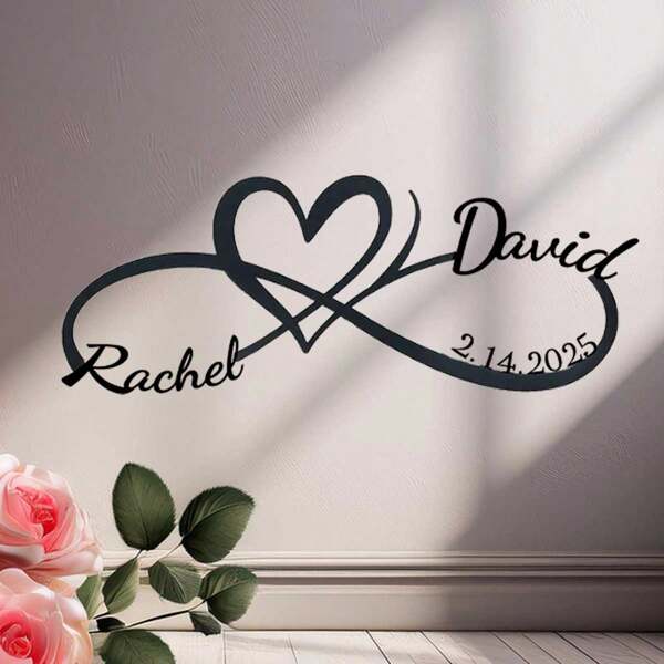 Letrero personalizado de metal con símbolo del infinito y amor - con nombres de la pareja y fecha, perfecto para aniversario de boda, Día de San Valentín, regalos de novia - decoración del hogar en estilo vintage con adhesivo sin residuos adicional. Regalo ideal para él, ella, novio, novia, padre, madre, familia, amigos, hijo, hija, oficina, salón de té, escuela, hogar, renovación del hogar