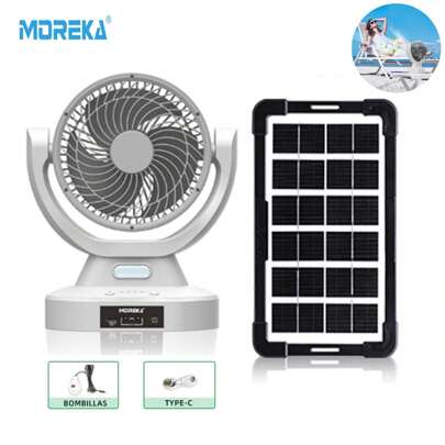 MOREKA Ventilador solar de 8 pulgadas, giratorio y ajustable de 180 grados, batería de larga duración de 4000 mAh, fuerte disipación del calor del viento, purificación del aire, carga de panel solar, carga de teléfono móvil, soporte de carga de CA y CC, con bombilla, cable tipo C;