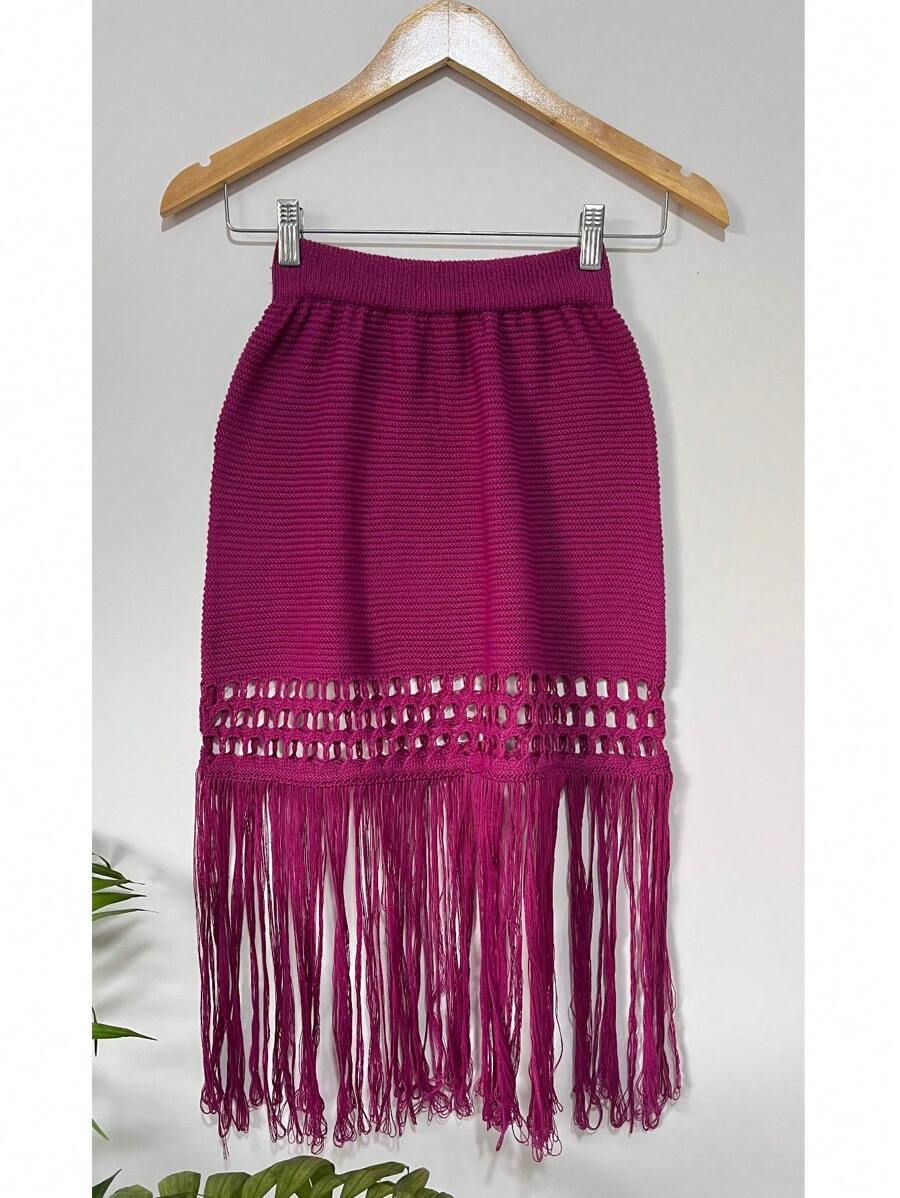 Skirt Knitted Beach Cover-Up With Fringes And Detail On The Hem. - 玫瑰紅 - 查看 1