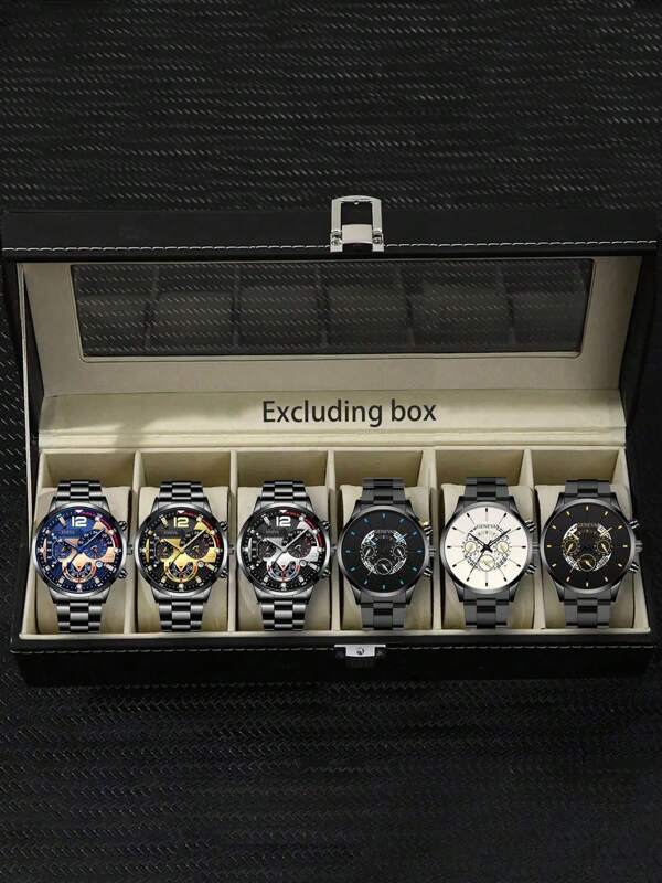 6pcs/Set Casual Men's Street Fashion Alien & Clown Graphic Stainless Steel Band Quartz Watch Set