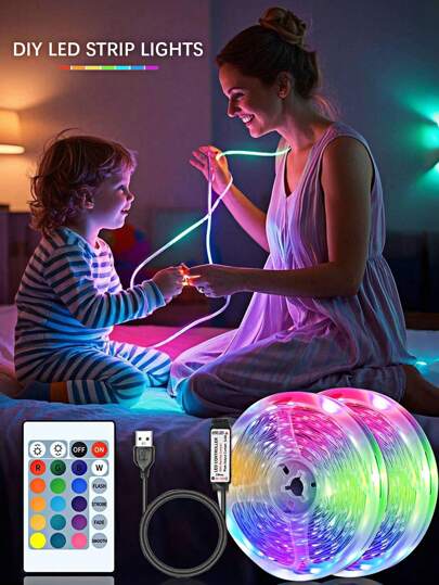 1 个（1m/5m/10m/15m/20m/30m）RGB LED 灯带，带 24 键控制器，适用于家庭派对节日装饰氛围灯、彩色电视背光、室内客厅装饰照明