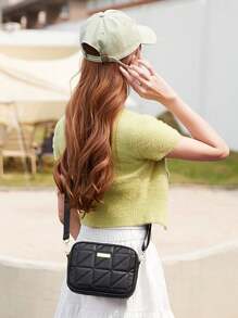 Practical & Cute Mini Square Bag, Lattice Pattern Crossbody Shoulder Bag, Fashion Small Handbag For Women, PU Leather Soft Casual Daily Use - Black - View 3