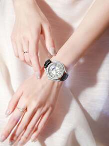 DOM 1 件时尚女士水钻镶嵌昼夜发光珍珠贝母表盘皮革表带防水腕表 - 銀色 - 查看 6