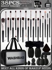 38件套多功能化妆刷套装，包含：1个防水化妆包，20支化妆刷（粉底刷、散粉刷、眉刷、腮红刷、高光刷、眼影刷、睫毛膏刷、眼线刷、轮廓刷、细节刷、鼻影刷、面部刷），3个水滴形美妆蛋，3个美妆蛋。