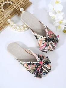 Women's Student Back-To-School Season Full-Print Faux Pearl Design Bow Flat Sandals Outdoor Fashion Wedding Work School Dormitory Vacation Travel Beach Can Be Worn - Multicolor - View 4