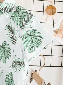 Bộ 2 món/Bộ áo sơ mi in hình lá mùa hè cho bé trai + quần short, trang phục dã ngoại phong cách thường ngày cho trường học - màu xanh lá - Xem 4