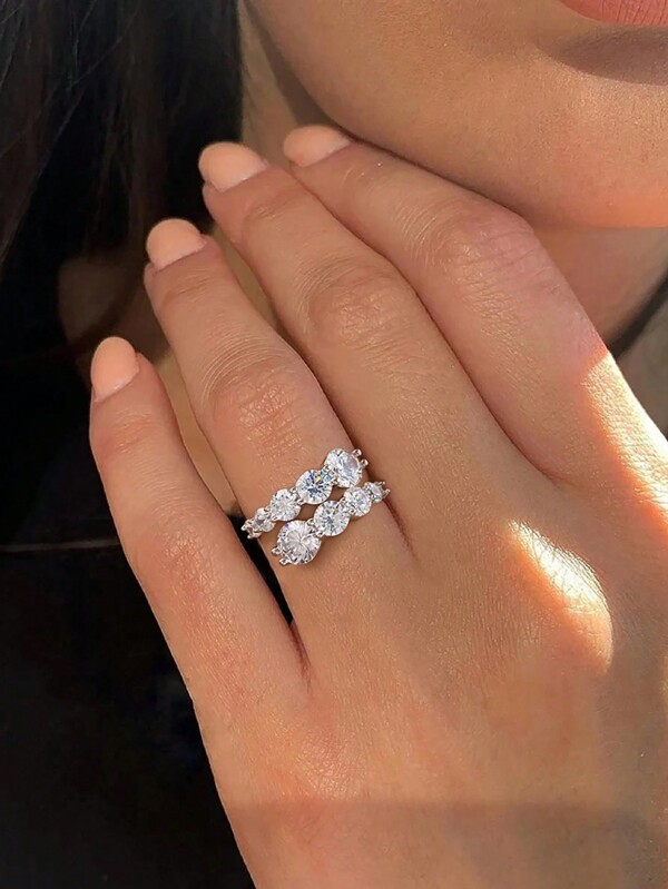 1pc 925 Sterling Silver Round Cubic Zirconia Ring For Women Adjustable Ring Wedding Engagement Anniversary Party Band Jewelry Valentine's Day Gift