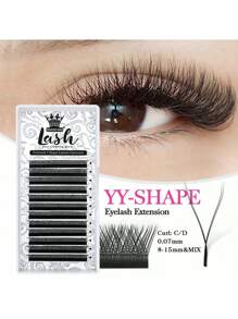 MASSCAKU 12排睫毛嫁接 Yy Lash 0.07mm C D 卷度混合托盘 8-15mm 预制 2D 易扇俄式浓密簇状仿貂毛哑光预扇形睫毛 - 黑色 - 查看 1