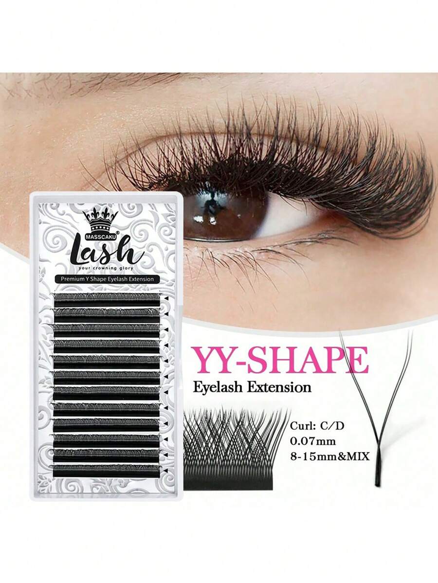 MASSCAKU 12排睫毛嫁接 Yy Lash 0.07mm C D 卷度混合托盘 8-15mm 预制 2D 易扇俄式浓密簇状仿貂毛哑光预扇形睫毛 - 黑色 - 查看 1