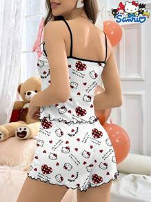 Sanrio 2 pezzi Set pigiama Sanrio Hello Kitty, canotta e pantaloncini con stampa a lettere e cartoni animati, pigiama comodo