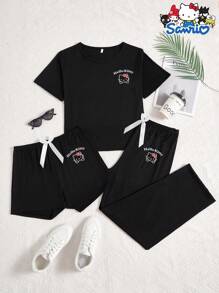 Sanrio Set pigiama a 3 pezzi Sanrio Hello Kitty: maglietta a girocollo con maniche corte, pantaloncini e pantaloni lunghi con stampa di lettere cartoni animati, pigiama comodo