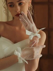 1雙女款短蝴蝶結新娘手套，禮儀拍照派對表演婚紗配件 - 白色 - 查看 3
