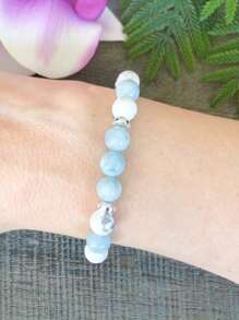 YAUKIA 1 件海蓝宝石 & 白玉 & 白纹石水晶手链，海蓝宝石疗愈玛拉宝石弹性手链，缓解焦虑镇静，增强直觉手链，水晶串珠手链，女士 - 彩色 - 查看 2