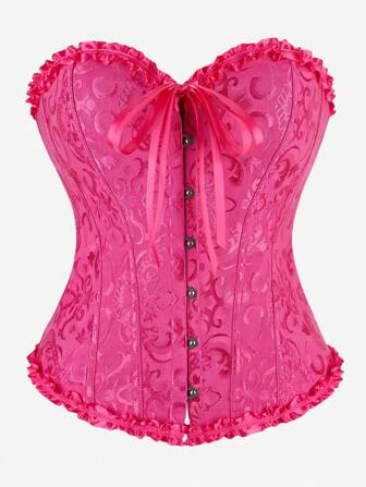 Classic Overbust Corset Bustier, Strapless Sweet Fitted Boned Bodysuit, Ruffle Trim Waist Cincher Backless Shapewear, Masquerade Ball Outerwear, Halloween, Rose Red