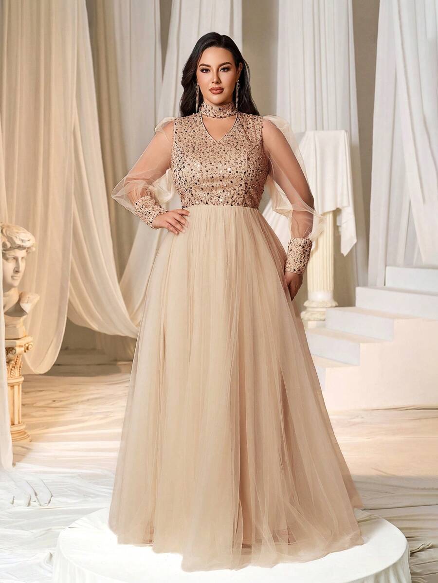 Faeriesty Váy dạ hội trang trọng tay dài cổ bẻ đính sequin Curve Plus - Rượu sâm banh - Xem 1