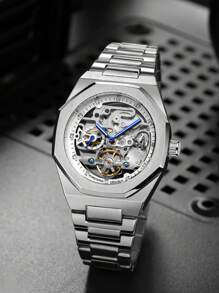 FORSINING 1pc Heren Luxe Tourbillon Skeleton Automatische Mechanische Horloges Roestvrijstalen Band Iced Out Wijzerplaat Lichtgevende Wijzers Mode Zakelijke Casual Heren Horloge Geschenken