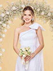 Proste satynowe asymetryczne suknie ślubne z odkrytymi ramionami, długie z kokardą dla kobiet, tren z opadającymi ramionami, suknie balowe z falbaniastym dołem, linia dekoltu, sznurowane plecy, linia A, panna młoda - Biały - Zobacz 5