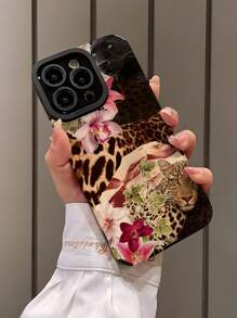 1 szt. Vintage Leopard Flower Design Pionowy pasek ze sztucznej skóry, odporny na wstrząsy miękki futerał na telefon, kompatybilny z iPhone'em i 15/15 Plus/15 Pro/15 Pro Max