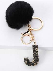 1 pieza Llavero con letra en inglés para mujer, llavero de moda con colgante de letra de resina cristalina con pompón, accesorio para coche, bolso, mochila para la escuela, regalo gótico lindo Y2K, regalo para madre, padre, graduación y maestro - Negro - Ver 6