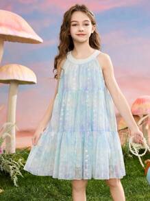 ASK JUNIOR 女童蕾丝无袖公主裙，轻便夏季演出裙，适合年龄较大的女童