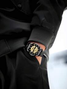 BIDEN 男士机械表，时尚商务自动机械表，镂空夜光表盘，不锈钢表带，男士防水机械表 - 均碼 - 查看 6