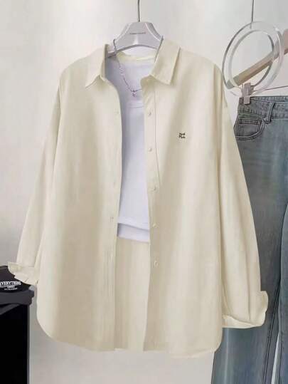 女士休闲日常纽扣刺绣长袖衬衫