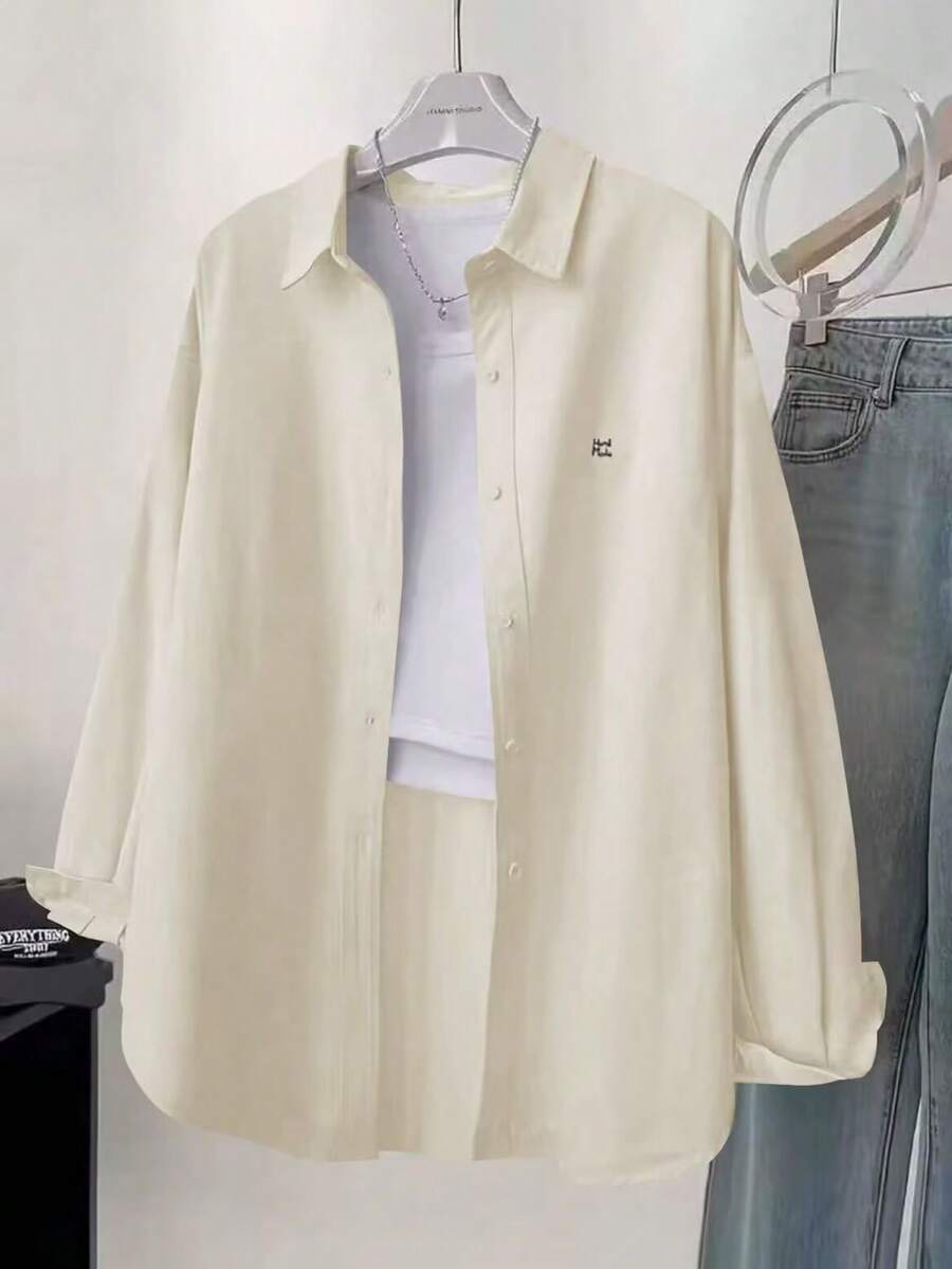 女士休闲日常纽扣刺绣长袖衬衫