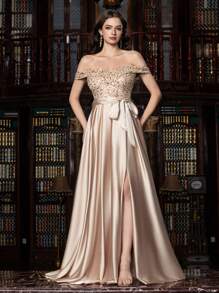 Faeriesty Elegant Shimmering Sequin-Satin Evening Gown With Side-Slit Design | Luxury Gala Look For Weddings, Parties Or High-End Events, Party Dress, Wedding Guest Dress, Formal Dress, Evening Dress - Champagne - View 5