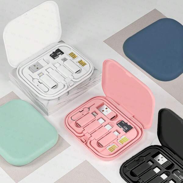FCV Multi USB Charging Adapter Cable Kit, USB C To Lighting Adapter Box, Conversion Set USB A & Type C To Male Micro/Type C/Lightning, Data Transfer, Card Storage, Tray Eject Pin, Phone Holder