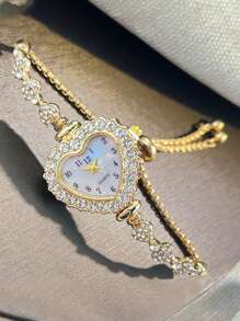 1 pièce Montre-bracelet pour femmes en alliage or rose, or et argent avec un boîtier en forme de cœur, un cadran avec chiffres arabes, un mouvement à quartz et un style à cordon ajustable pour un port quotidien