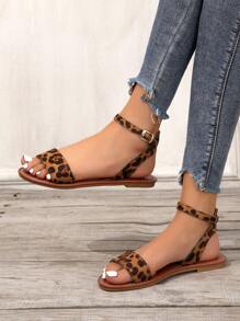 Women's Versatile Lightweight Casual Sandals, Metal Buckle Strap Flat Beach Shoes, Summer - Leopard - View 3