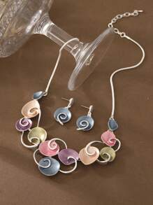 1 Set de 2 piezas Conjunto de joyería elegante y vintage de flores geométricas de aleación de zinc esmaltadas y coloridas, que incluye collar colgante y pendientes, adecuado para uso diario, fiestas, citas, vacaciones y como regalo para mujeres