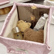 1 Pc Cute Pink Dimensional Bow Or Love Shape Print Storage Basket,Desktop Clutter Storage Basket, Waterproof Cosmetic Storage Basket,For Brushes And Skin Care Products Storage And Organization,Desktop Decor, Makeup Organizer Rack,Plastic Basket,Toy Basket,House Decor,Table Decor,Home Decor Items,Room Decor,Bedroom Decor,Gifts
