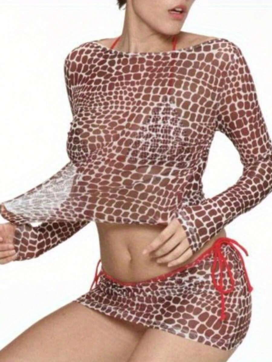 Elevate Your Spring Style With Our Coffee-Colored Printed Mesh T-Shirt - Available In S, M, L Sizes