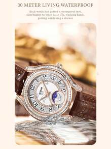 DOM 1pc Women's Fashion Diamond-Studded Moon & Star Dial Mother-Of-Pearl Leather Band Waterproof Wrist Watch
