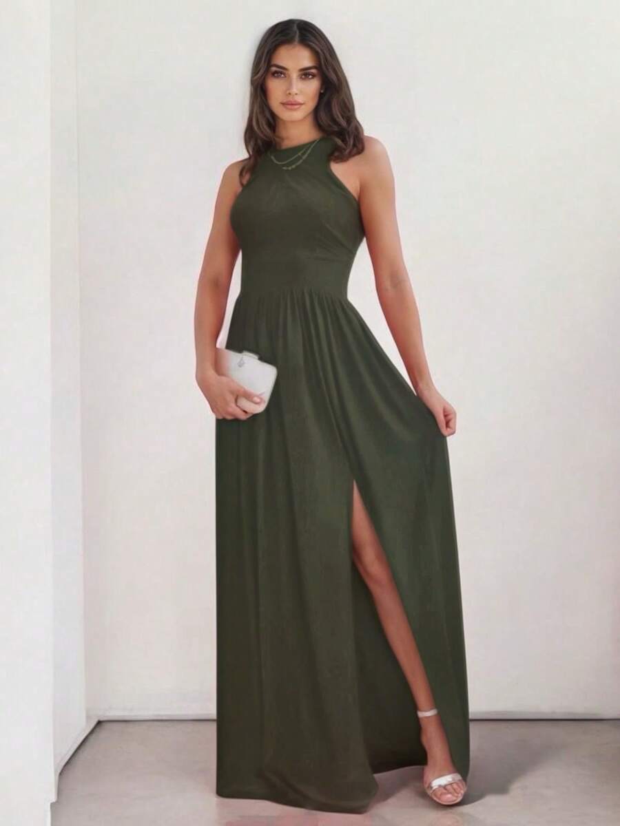 Sofisticado Vestido Largo con Hombros Descubiertos y Abertura en Pierna - Verde militar - Ver 1