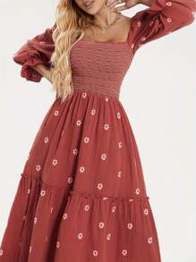 Women Long Dress, Long Sleeve Dress Square Neck Embroidery Flower Loose Swing Dress - Tan - Xem 3