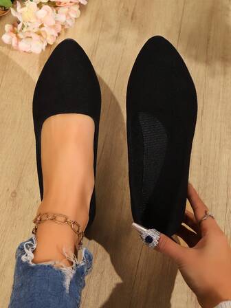 Flat Slip-On Pointed Toe Shoes, Soft Bottom, Low Heel, Non-Slip, Casual, Fashion, Lightweight, Breathable, Solid Black Color Women Flats