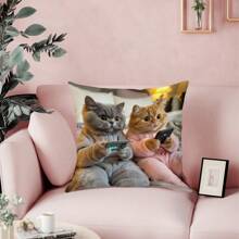 1pc 17.7*17.7 Inch (45*45cm) Couple Cat Playing Game Print Polyester Pillow Cover [Single-Sided Print][Pillow Inner Not Included], Suitable For Home Decor, Sofa, Bed, Car, Etc.