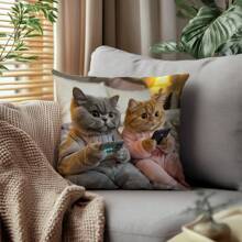 1pc 17.7*17.7 Inch (45*45cm) Couple Cat Playing Game Print Polyester Pillow Cover [Single-Sided Print][Pillow Inner Not Included], Suitable For Home Decor, Sofa, Bed, Car, Etc.