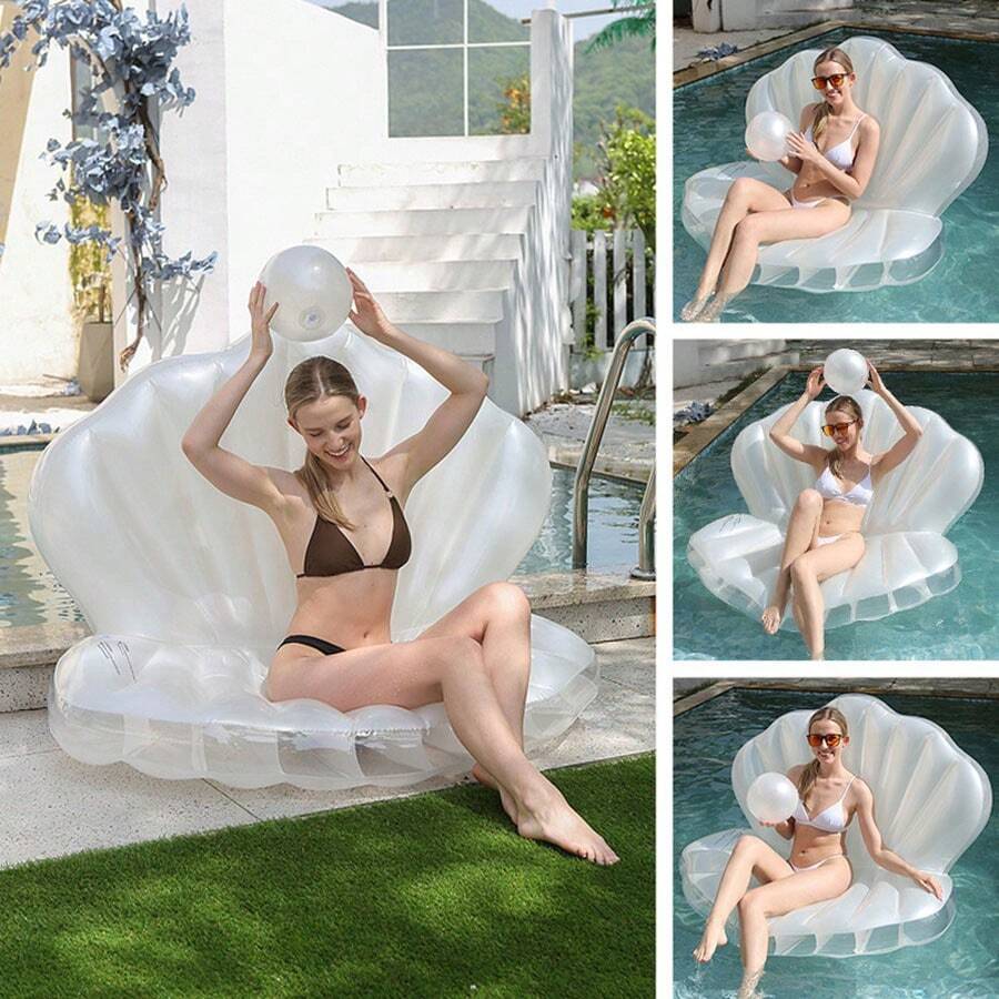 1pc New Inflatable Shell Floating Row Adult Faux Pearl Inflatable Sofa Scallop Mermaid Water Floating Bed, Beach Essentials, Beach Accessories, Pool Float