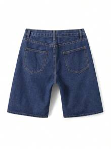 Womens Knee Length Denim Shorts Solid Color High Waist Loose Fit Jean Shorts For Summer - Blue - View 7