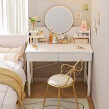 Modern Dressing Table Makeup Vanity Desk 2 Drawers W/ Round Mirror Bedroom White - 白色 - 查看 2